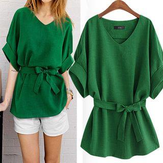 V-neck Tie Waist Elbow-sleeve Top