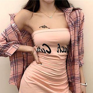 Lettering Print Slim-fit Tube Dress / Oversized Plaid Shirt