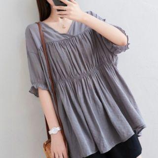 V-neck Shirred Blouse Gray - One Size