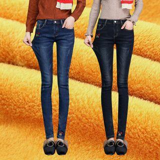 Butterfly Embroidered Fleece-lined Skinny Jeans