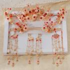 Set: Wedding Branches Tiara + Hair Stick + Dangle Earring Set - Gold & Red - One Size