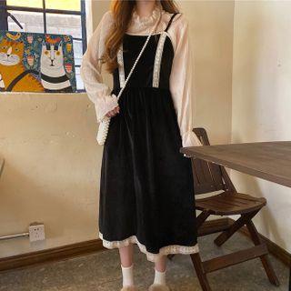 Long-sleeve Chiffon Top / Midi A-line Velvet Pinafore Dress