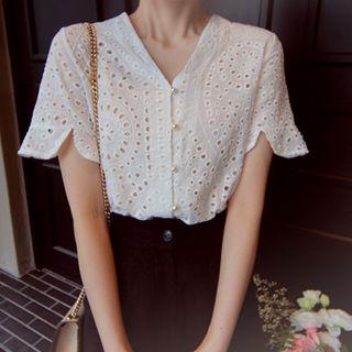 Faux-pearl Button Eyelet-lace Blouse