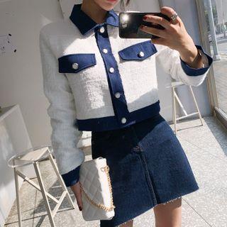 Denim-trim Tweed Short Jacket White - One Size