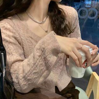 Round Neck Plain Cable Knit Loose Fit Zip Up Sweater Pink - One Size