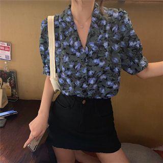 Short-sleeve Floral Printed Shirt Blue Shirt - One Size