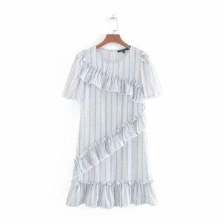Ruffled Short-sleeve Striped A-line Dress