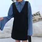 Plain Shirt / V-neck Mini Pinafore Dress