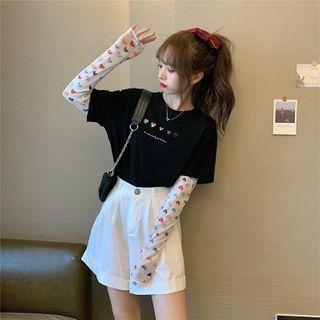 Mock Two-piece Heart Print Long-sleeve T-shirt