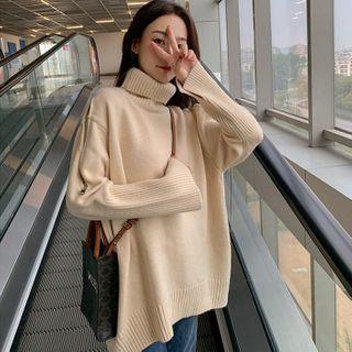 Turtleneck Plain Zip Sweater