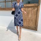 Lace-collar Floral Print Dress Navy Blue - One Size