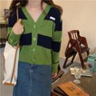 Long-sleeve Applique Striped Cardigan Green - One Size