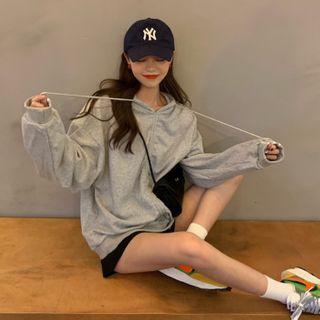 Printed Letter Lace Up Hooded Sweater Gray - One Size