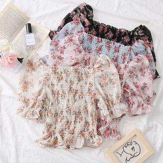 Square-neck Rose-print Chiffon Top