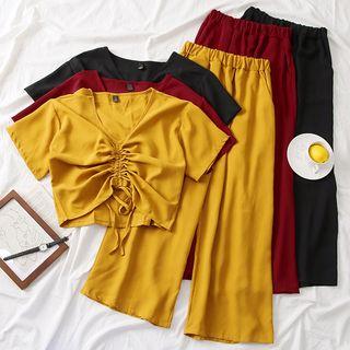 Set: Drawstring Crop Top + Wide-leg Pants