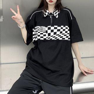 Elbow-sleeve Check Panel Polo Shirt