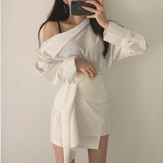 Long-sleeve Cold Shoulder Shirt / Asymmetric Mini Skirt