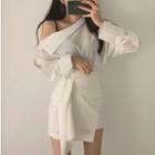 Long-sleeve Cold Shoulder Shirt / Asymmetric Mini Skirt