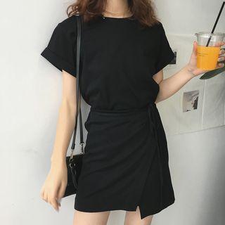 Plain Short-sleeve T-shirt Dress Black - One Size