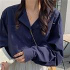 Plain Pocket-detail Long-sleeve Shirt Dark Blue - One Size