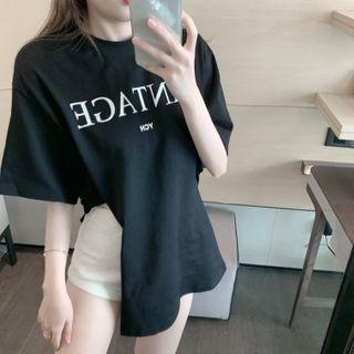 Short-sleeve Lettering Side-slit T-shirt