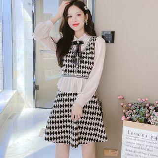 Set: Ribbon Blouse + Argyle Mini A-line Skirt