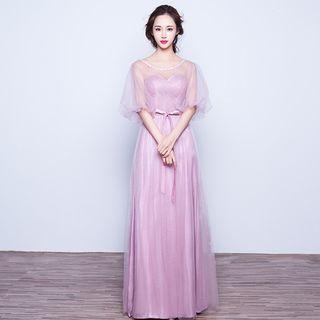 3/4-sleeve Sheer Panel Evening Gown