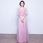 3/4-sleeve Sheer Panel Evening Gown