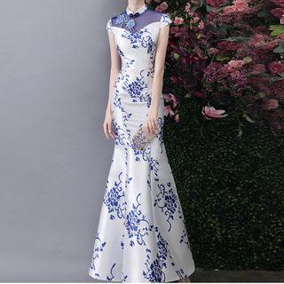 Ceramic Print Cap-sleeve Mandarin Collar Trumpet Evening Gown