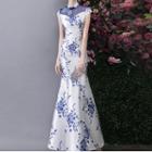 Ceramic Print Cap-sleeve Mandarin Collar Trumpet Evening Gown