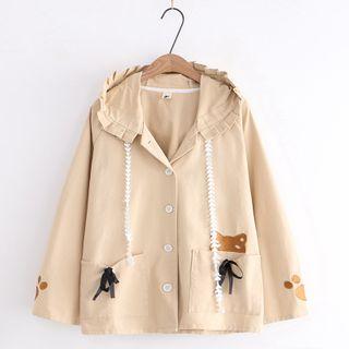 Cat Embroidered Single-breasted Hooded Jacket