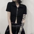 Short-sleeve Zipped Collared T-shirt Black - One Size