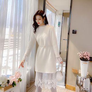 Mock Two-piece Faux Pearl Lace Panel A-line Dress
