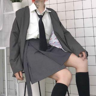 Lettering Shirt / Plain Blazer / Mini A-line Skirt / Tie