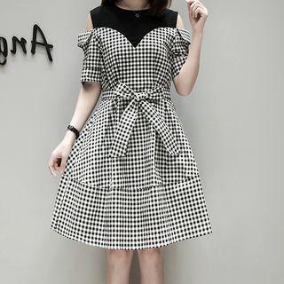 Elbow-sleeve Cold Shoulder Plaid A-line Dress