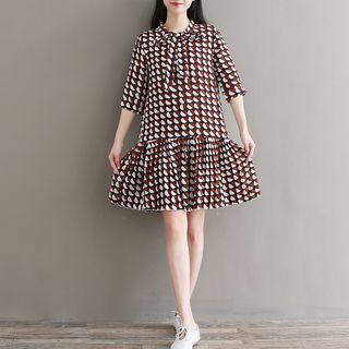 Dotted 3/4-sleeve Tie-neck Dress