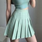 High Waist Plain Pleated Mini A-line Skirt