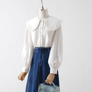 Collared Blouse / Denim Midi A-line Skirt / Set