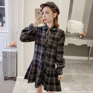 Plaid Accordion Pleat Mini Shirtdress