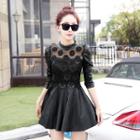 Long-sleeve Lace Panel Faux-leather Dress
