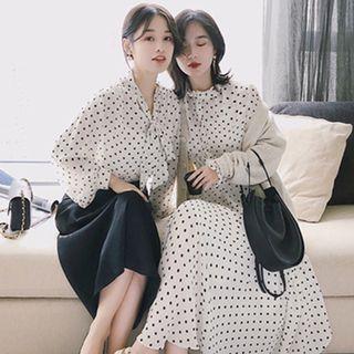 Dotted Blouse / Long-sleeve Midi A-line Dress
