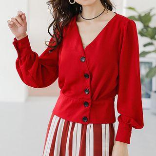 Puff-sleeve Side-buttoned V-neck Blouse