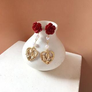 Rose & Heart Faux Pearl Dangle Earring