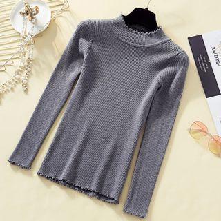 Long-sleeve Semi Turtleneck Lettuce-edge Slim Fit Knit Top