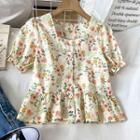 Short-sleeve Floral Print Button-up Cropped Blouse Floral - Beige - One Size