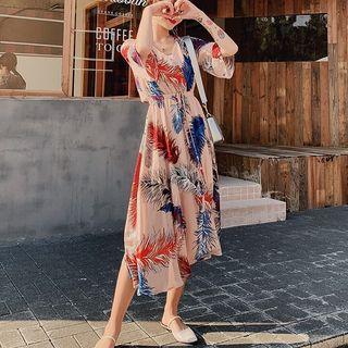 Elbow-sleeve Feather Print Midi Sundress