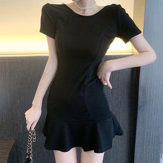 Short-sleeve Faux Pearl Scoop Back Mini Dress