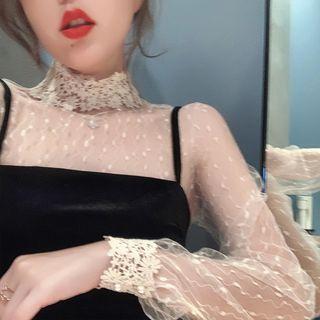 Crochet-cuff Long-sleeve Mesh Top