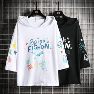 3/4-sleeve Lettering Print Hoodie