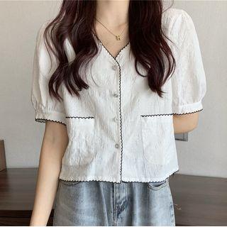 Puff Sleeve Contrast-trim Blouse
